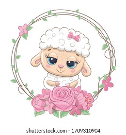 Cute baby sheep with flower wreath.