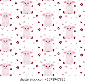 Cute baby sheep with footprint and pink hearts vector seamless pattern. Cute fabric design. Cartoon style vector background. Repeating surface pattern.
