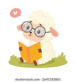 Cute baby sheep in glasses reading book. Funny smart wild animal character sitting with book cartoon vector illustration