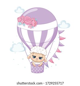 Cute baby sheep on a hot air balloon. Vector illustration for baby shower, greeting card, party invitation, fashion clothes t-shirt print.