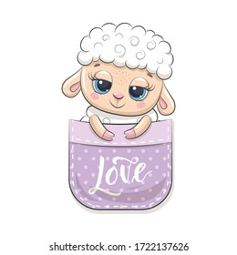 Cute baby sheep in pocket. Vector illustration for baby shower, greeting card, party invitation, fashion clothes t-shirt print.