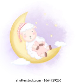 
Cute baby sheep sleeping on the moon hand drawn cartoon animal watercolor illustration
