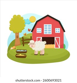 Cute baby sheep walking on the lawn, in the background a hangar, a fence and a cute rural scene on a white background