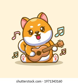 Cute baby shiba inu dog playing guitar cartoon