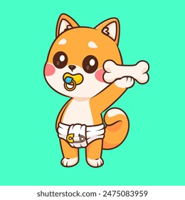 Bebé lindo Shiba Inu perro sosteniendo hueso dibujos animados Vector Ilustración. Concepto de ícono de comida animal Vector Premium aislado. Estilo plano de dibujos animados