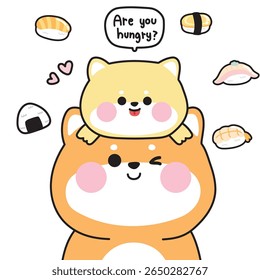 Cute baby shiba inu dog stay on mom head.Sushi and onigiri is japanese food.Rice ball.Are you hungry.Mother day.Japanese pet animal character cartoon design.Kawaii.Vector.Illustration.
