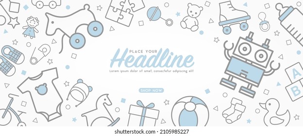 Cute baby shop banner with vector line icons for Baby store, kids clothes, toys accessories, Online Shop, Child fashion sales discount promotion on social media, web advertising, website template