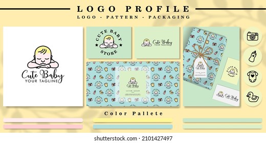 cute baby shop logo with pattern  and mockup invitation icon for branding