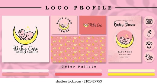 cute baby shop logo with pattern  and mockup invitation icon for branding