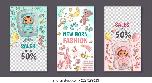 Cute baby shop vertical banner. Social media design template with cute newborns and hand drawn toys for sale promotion, baby fashion, advertisement. Vector illustration with place for your text.