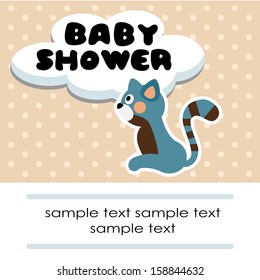 Cute baby shower birthday invitation card with cat and dots, vector illustration