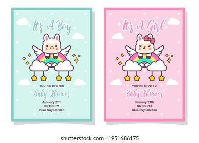 Cute Baby Shower Boy And Girl Invitation Card With Llama, Cloud, Rainbow, And Stars