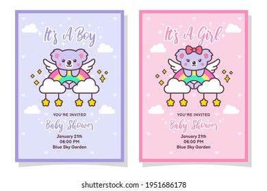 Cute Baby Shower Boy And Girl Invitation Card With Koala, Cloud, Rainbow, And Stars