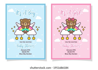 Cute Baby Shower Boy And Girl Invitation Card With Bear, Cloud, Rainbow, And Stars