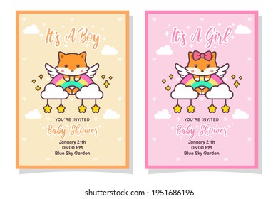 Cute Baby Shower Boy And Girl Invitation Card With Fox, Cloud, Rainbow, And Stars