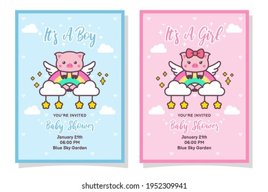 Cute Baby Shower Boy And Girl Invitation Card With Pig, Cloud, Rainbow, And Stars