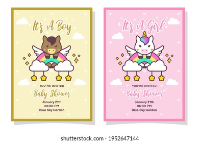 Cute Baby Shower Boy And Girl Invitation Card With Horse, Unicorn, Cloud, Rainbow, And Stars