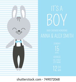 Cute baby shower boy invite card vector template. Cartoon animal illustration. Design with little bunny in pants with suspenders and bowtie. Kids newborn poster or birthday party background.