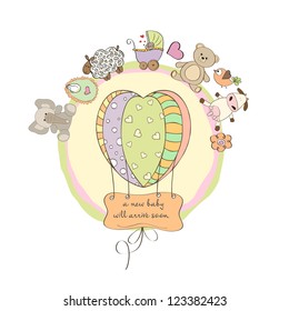 cute baby shower card with animals and toys