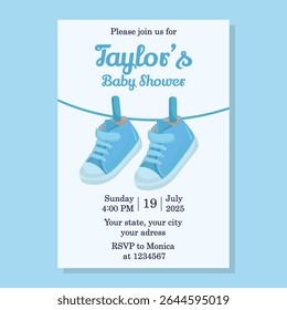 Cute baby shower card with baby boy footwear and blue flat illustrations, perfect for invitations, announcements, and newborn celebration designs