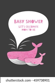 Cute baby shower card design. Mother and baby whale. Vector illustration.