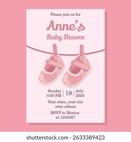 Cute baby shower card with baby girl footwear and pink flat illustrations perfect for invitations or greetings