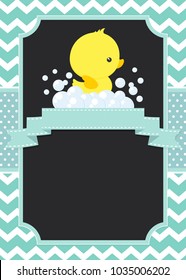cute baby shower card with little baby rubber duck on chevron pattern and polka dots background 