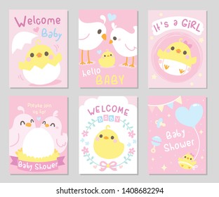 Cute baby shower card. Little Chicken / bird came out of an egg shell, together with parents. Pink theme, it's a girl. Set of rectangle card, gift tag. Soft pastel color. Vector illustration.
