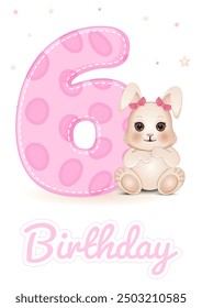 Cute baby shower card with number 6 and bunny. Birthday Day. Vector illustration.