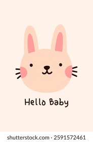 Cute baby shower card in pastel colors featuring a bunny with the words Hello Baby. Perfect for invitations, posters, greeting cards, decorations. Vector flat illustration.