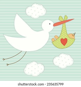 Cute baby shower card as retro fabric patch applique of stork and newborn baby