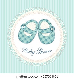 Cute baby shower card with baby shoes as retro fabric applique in shabby chic style