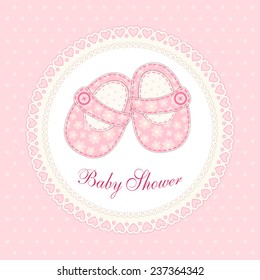 Cute baby shower card with baby shoes as retro fabric applique in shabby chic style