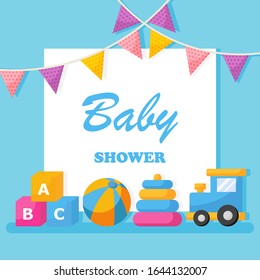 cute baby shower card, template and banner on blue background. vector Illustration. 