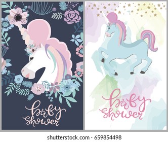 Cute Baby Shower card with unicorn. Vector illustration