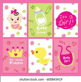 Cute baby shower cards. Hand drawn of baby girl shower set.