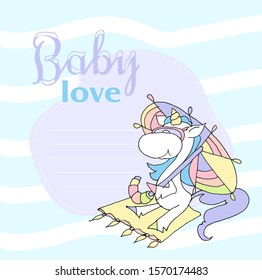 Cute baby shower cartoon with beautiful unicorn. Label for children with funny unicorns. Vector illustration. Baby love.