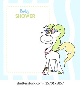 Cute baby shower cartoon with beautiful unicorn. Label for children with funny unicorns. Vector illustration.
