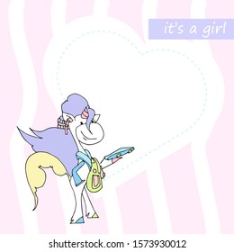 Cute baby shower cartoon with beautiful unicorn. Label for children with funny unicorns. Vector illustration. It's a girl.	