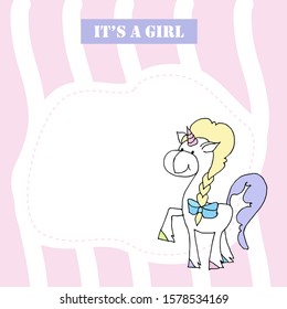 Cute baby shower cartoon with beautiful unicorn. Label for children with funny unicorns. Vector illustration. It's a girl	