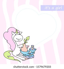 Cute baby shower cartoon with beautiful unicorn. Label for children with funny unicorns. Vector illustration. It's a girl.	