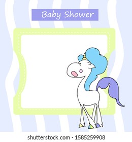 Cute baby shower cartoon with beautiful unicorn. Label for children with funny unicorns. Vector illustration.	