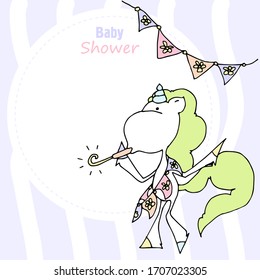 Cute baby shower cartoon with beautiful unicorn. Label for children with funny unicorns. Vector illustration.	