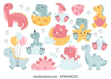 Cute baby shower character with funny dinosaurs collection set for greeting card design, congratulation and invitation postcard creation. Adorable lovely T-rex, prehistoric reptile vector Illustration