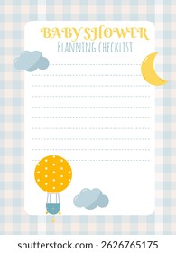 Cute Baby Shower Checklist Template with Clouds, Moon and Hot Air Balloon
