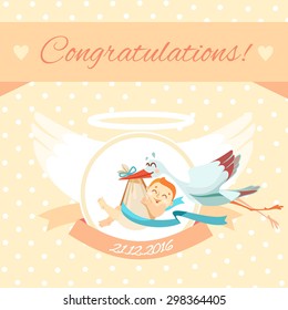 Cute baby shower design template with cartoon stork and smiling newborn baby.Polka dot pastel background. Ready baby shower design template.Vector illustration for baby shower invitation