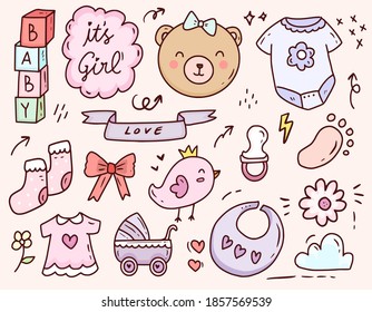 Cute baby shower girl cartoon doodle icon collection set drawing illustration