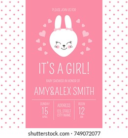 Cute baby shower girl invite card vector template. Cartoon animal It's a girl illustration. Pink design with little bunny and hearts. Kids newborn poster or birthday party invitation background.