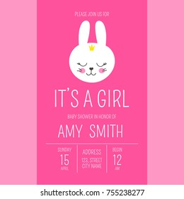 Cute baby shower girl invite card vector template. Cartoon animal illustration. Pink little princess design with funny bunny and crowns. Kids newborn poster or birthday party invitation background.
