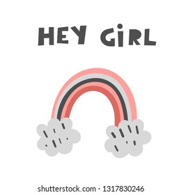 Cute baby shower hey girl card, postcard. Poster with rainbow for new born